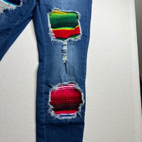 Lucky + Blessed Western Sarape Print Raw Hem Patched Jeans Size 14 - Picture 2 of 14